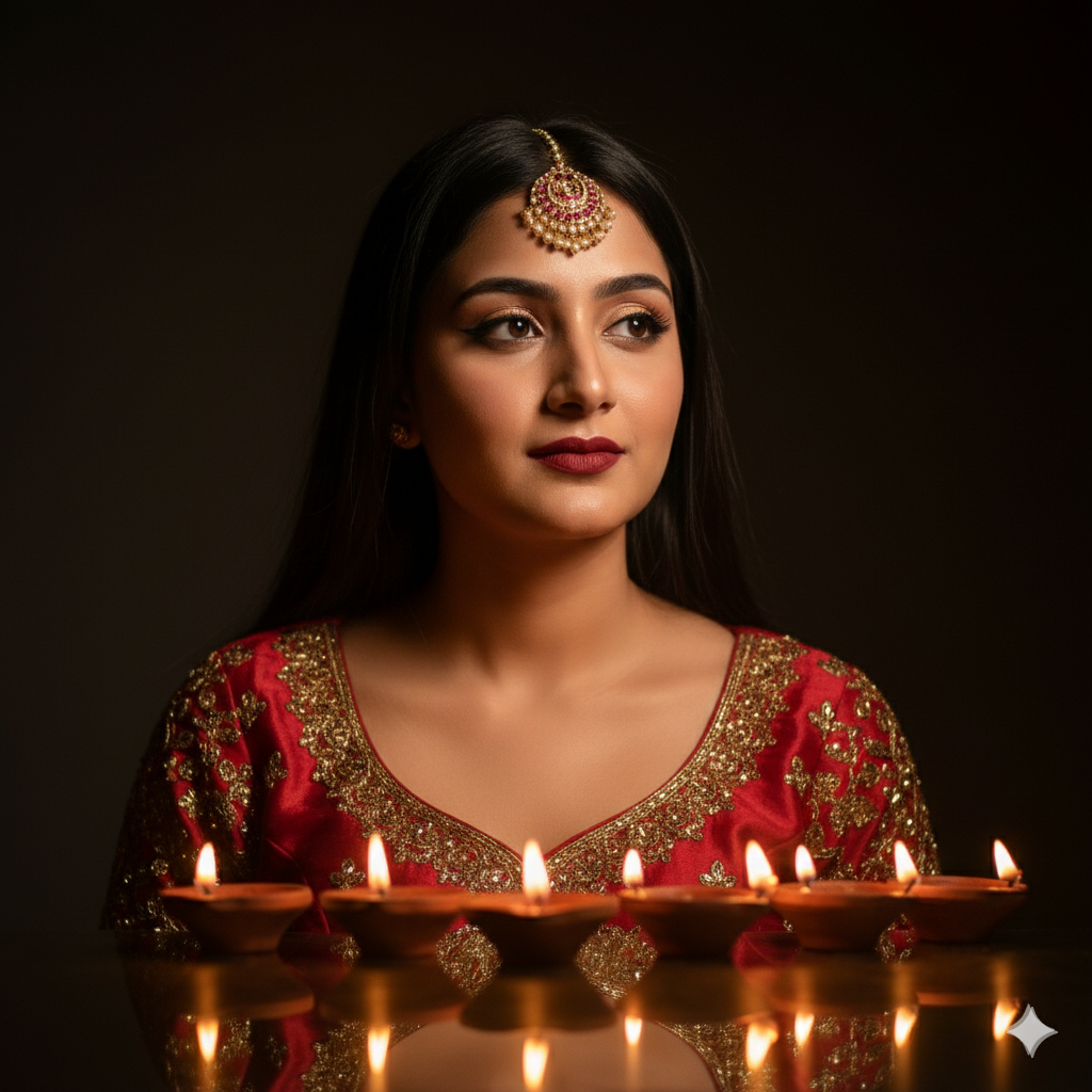 Dramatic Photorealistic Portrait of Young Indian Woman in Red and Gold Embroidered Blouse with Maang Tikka and Lit Diyas