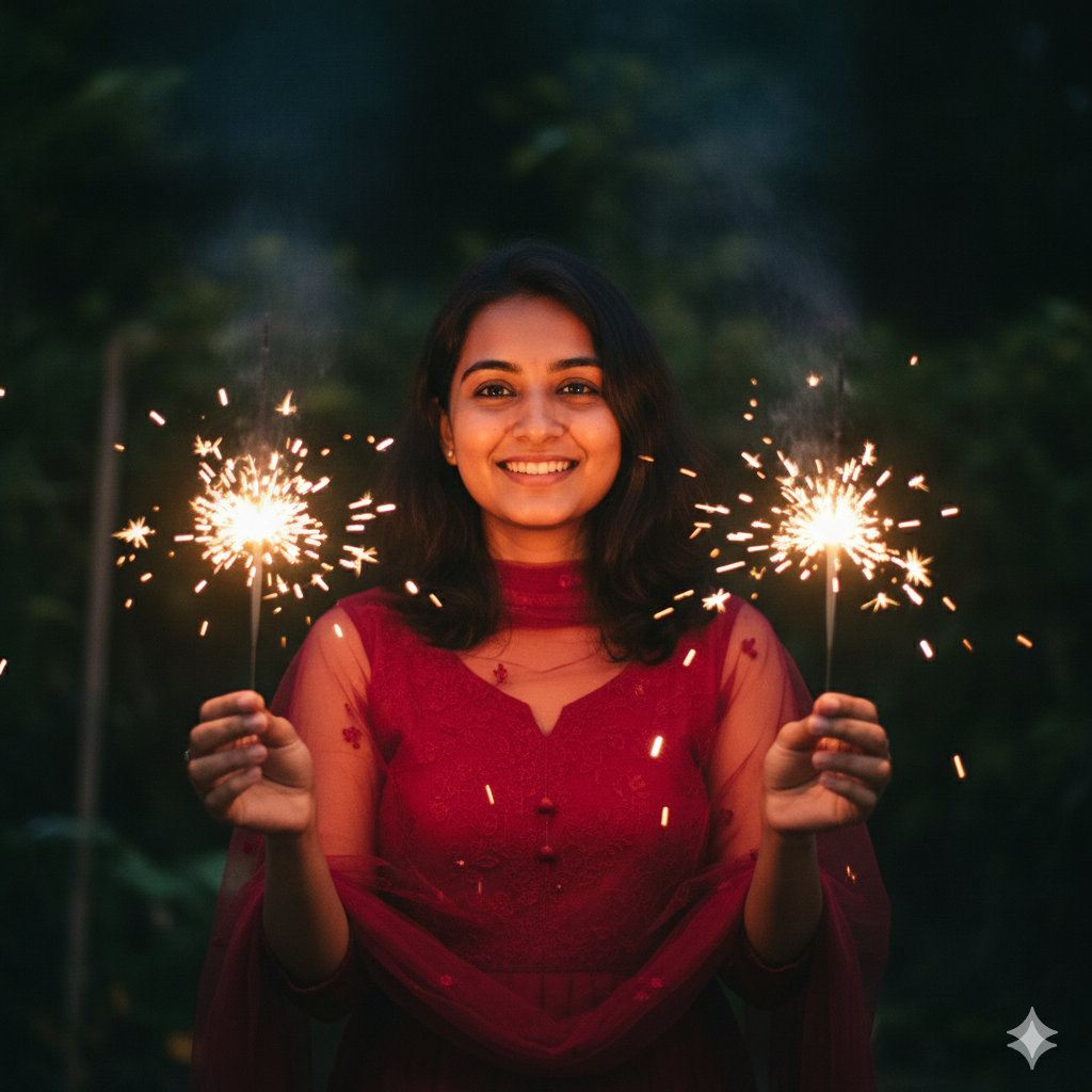 Candid Photorealistic Portrait of Young Woman in Red Indian Outfit Holding Two Sparklers at Night