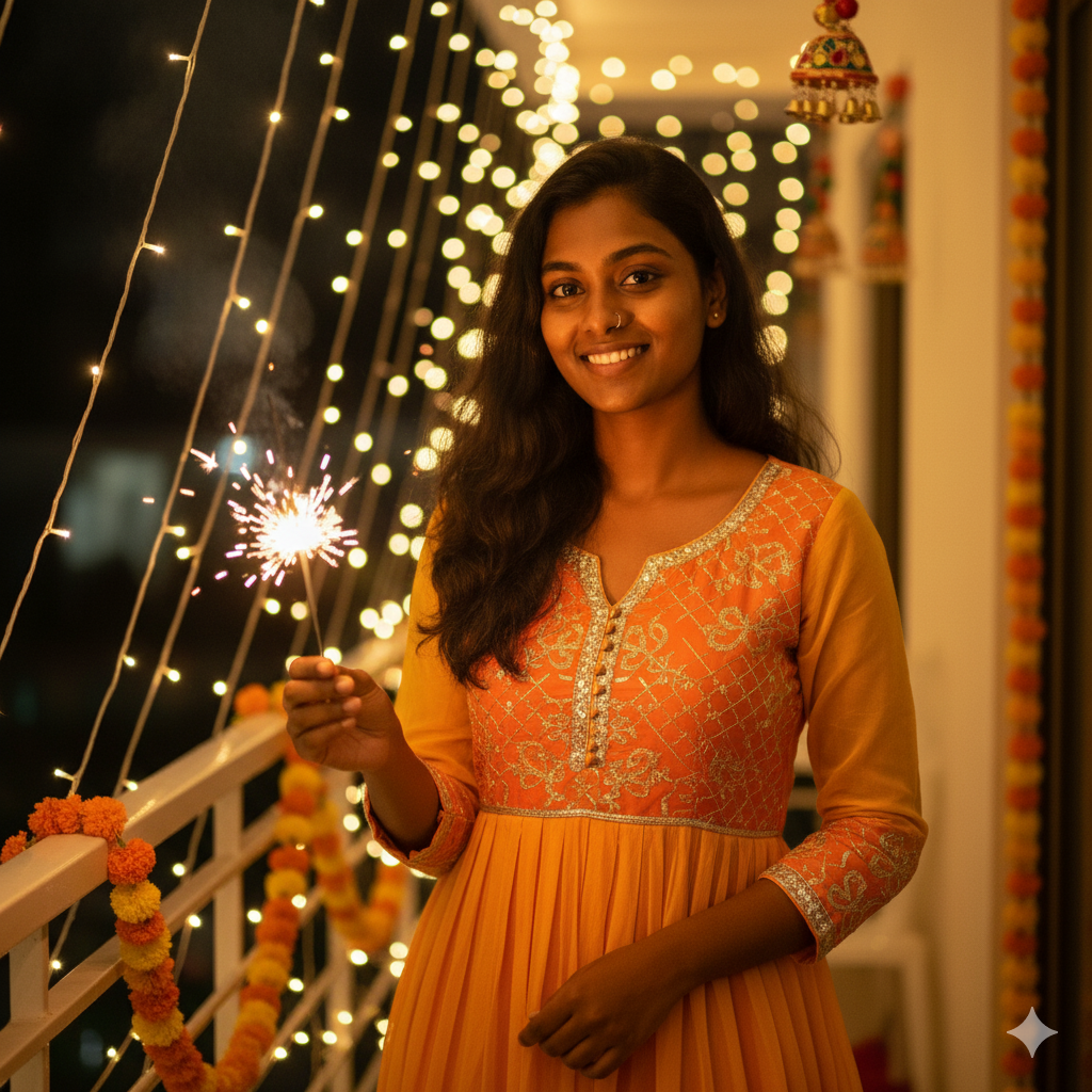 Vibrant Photorealistic Portrait of Young Woman in Orange Anarkali Holding Sparkler on Festive Balcony