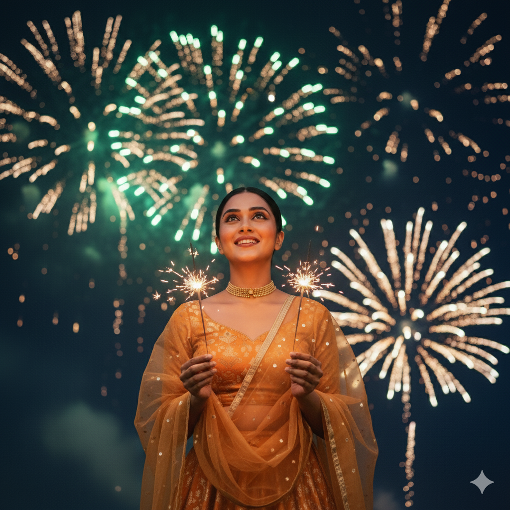 Magical Photorealistic Portrait of Young Woman in Lehenga Holding Sparklers with Fireworks Bokeh Background