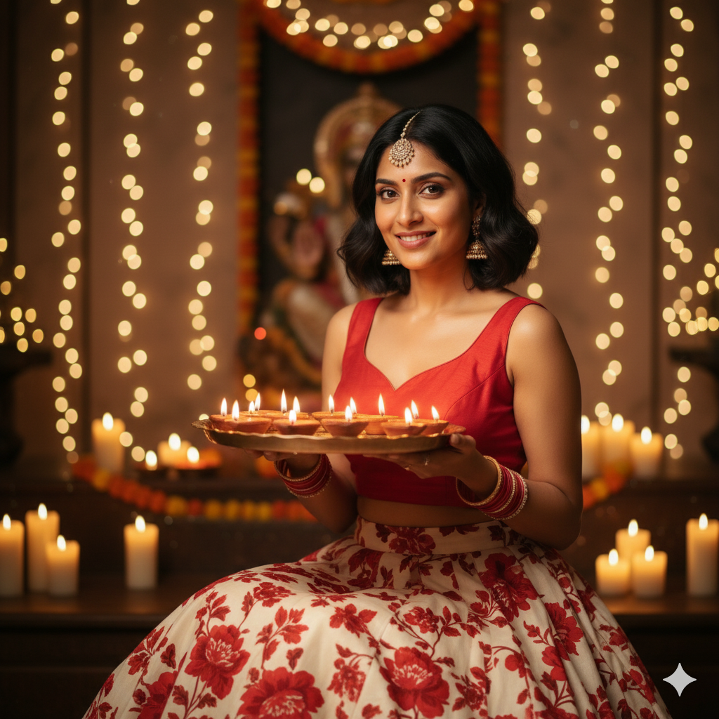 Traditional Photorealistic Portrait of Young Woman in Red and Cream Lehenga Holding Brass Thali of Diyas