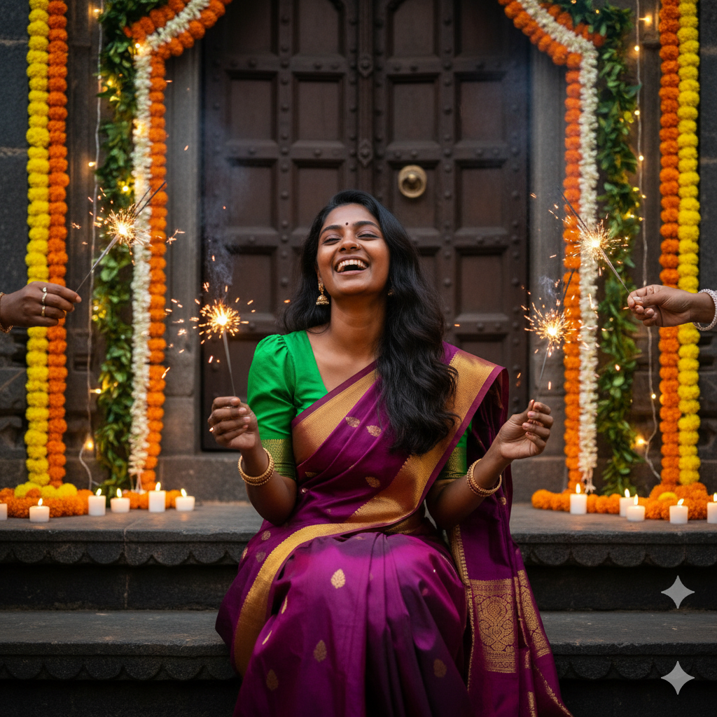 Joyful Photorealistic Portrait of Woman in Traditional Purple and Green Saree Celebrating with Sparklers