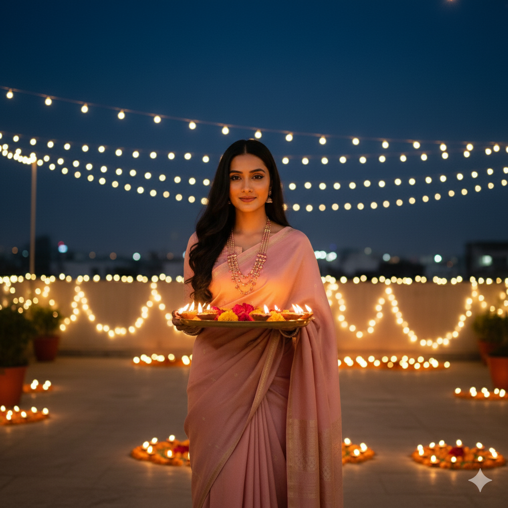 Cinematic Diwali Portrait of Girl in Pink Saree Holding Traditional Thali on Rooftop at Night