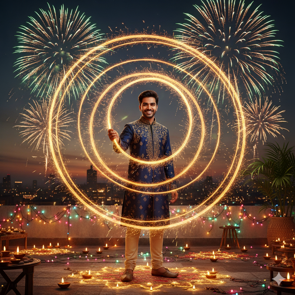 Ultra-Realistic Cinematic Portrait of Indian Man Waving Sparkler in Vibrant Diwali Outfit