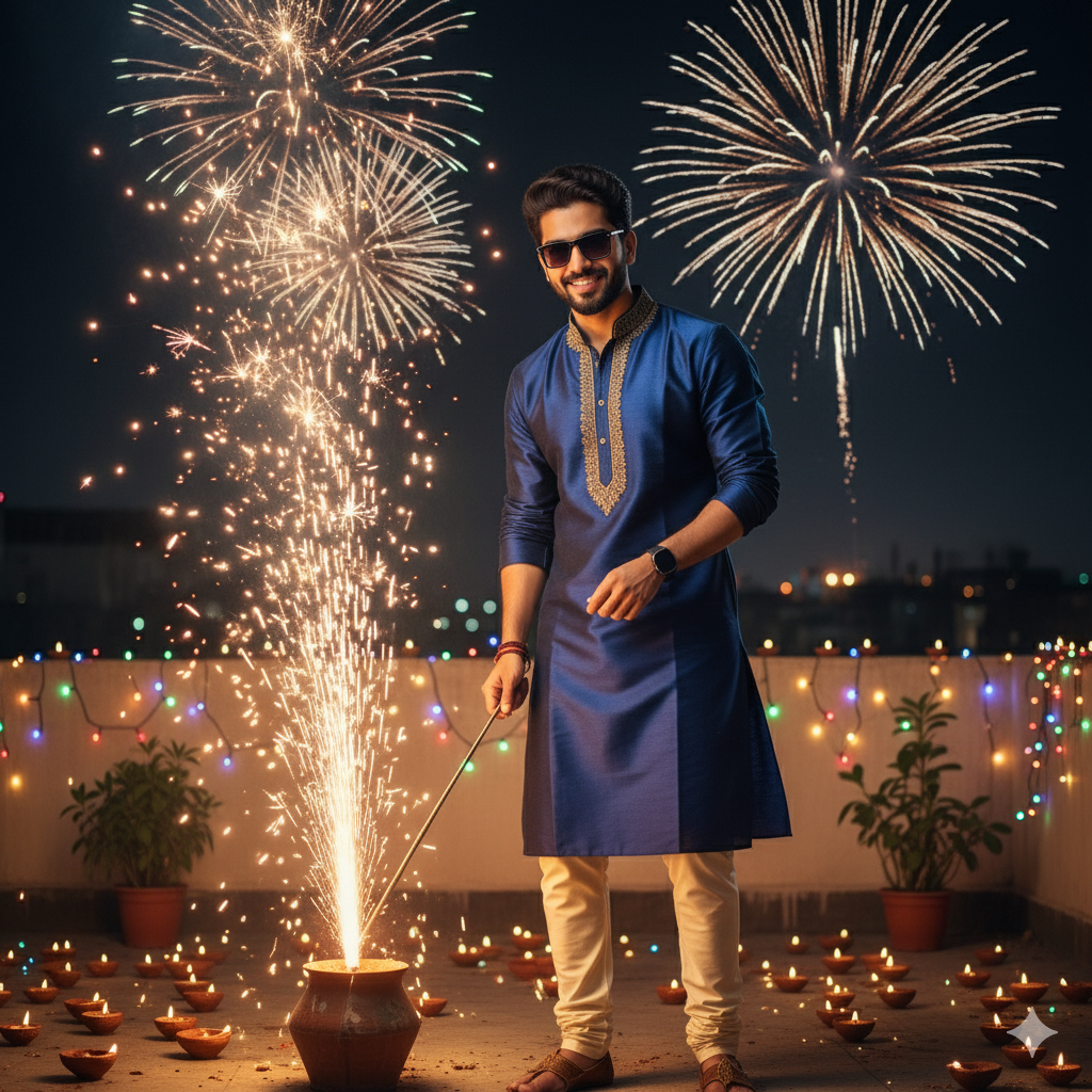 Ultra-Realistic 8K Portrait of Young Man in Kurta Lighting Diwali Fireworks