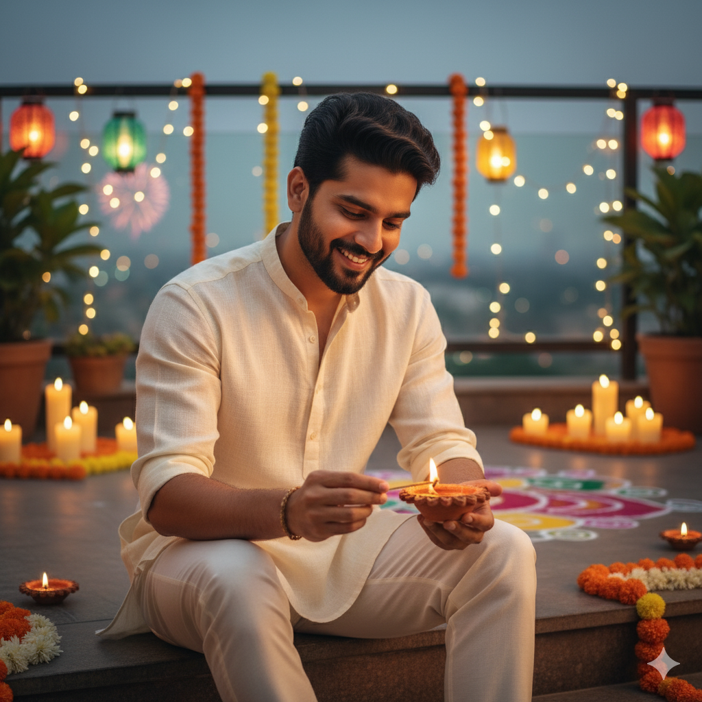 Ultra-Realistic Diwali Portrait of Young Man Lighting Diya in Stylish Linen Shirt