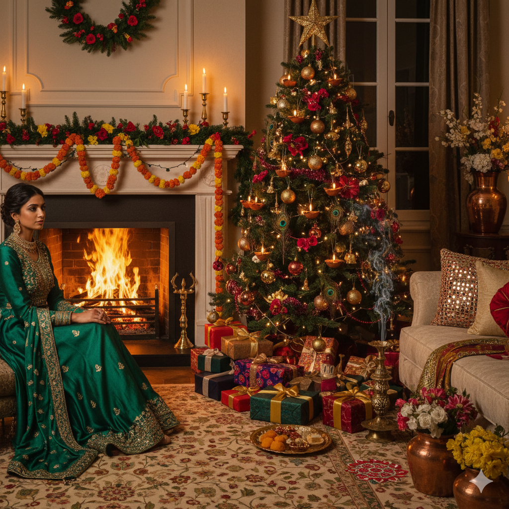 warm Christmas portrait scene with an Indo-Western fusion