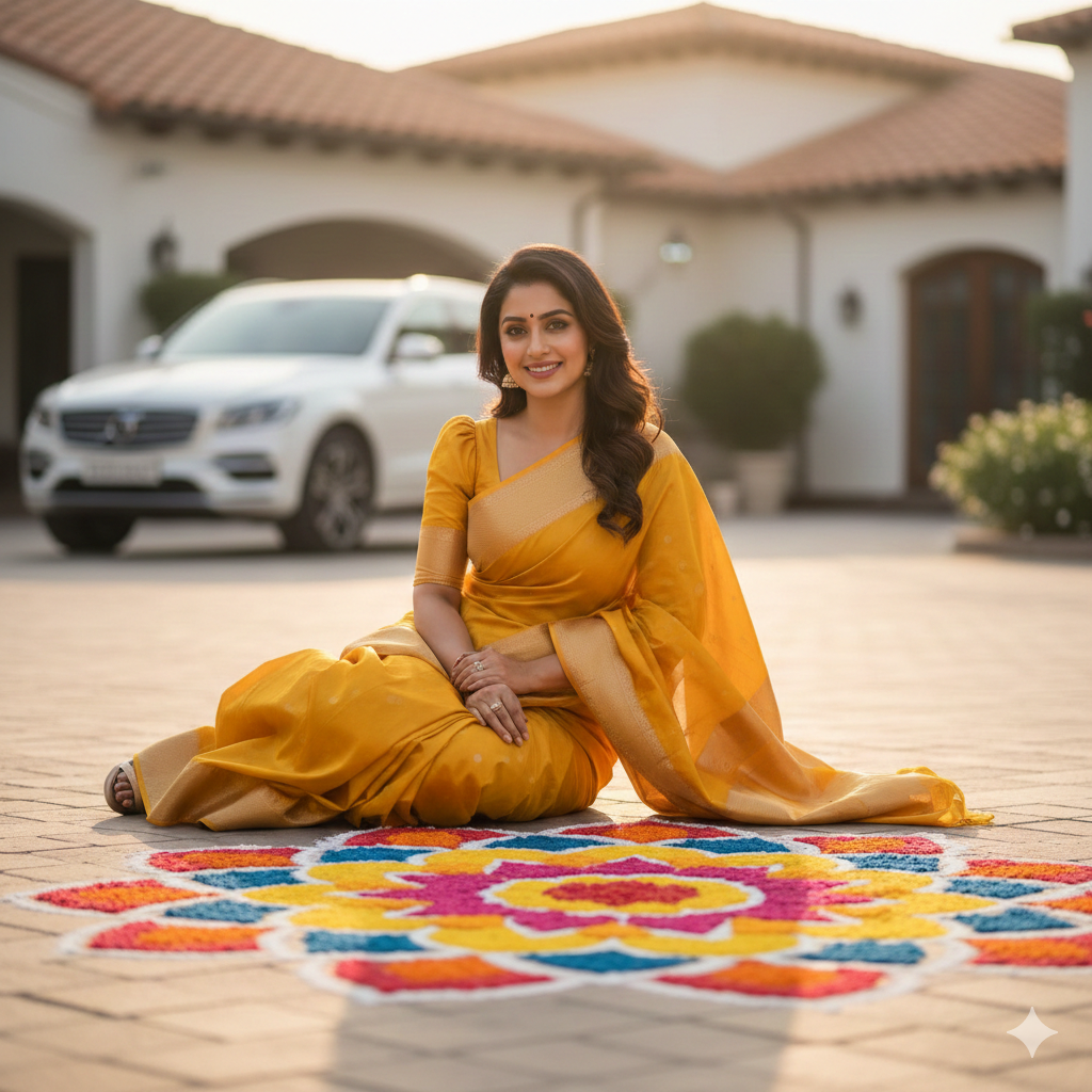 Sankranti woman with Rangoli pose prompt